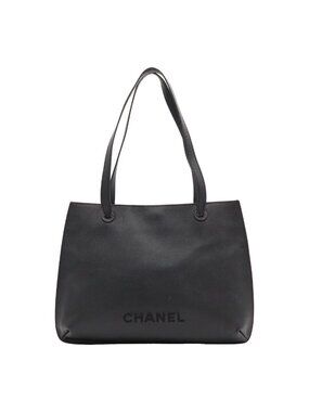 Chanel Logo Embroidery Tote Bag Shoulder Caviar Leather Black Gold
